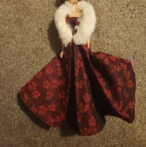 Vtg Barbie Clothes Premier Doll Outfit #28 Red Wine Brocade Dress And Fur Bolero